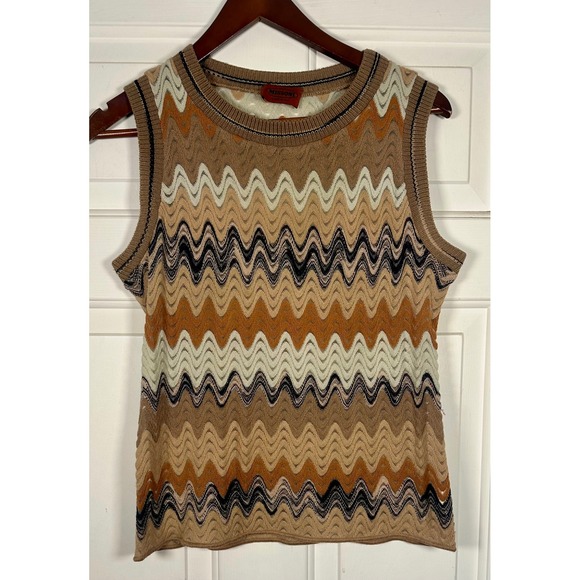 Vintage Missoni 6 Wool Blend Zigzag Chevron Sleeveless Top Brown Made Italy Y2K